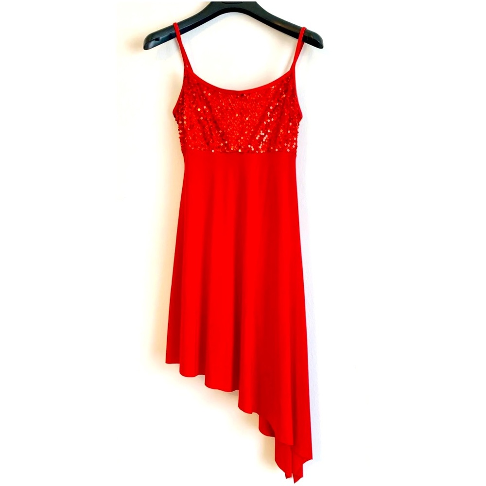 Red Sequined Ladies' Asymmetrical Hem Dance & Figure Skating Dress Size Small
